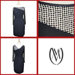 CARMEN MARC VALVO Vintage Cocktail Dress w/ Beaded Asymmetrical Neckline